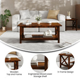 Jasper Farmhouse Style Solid Wood Coffee Table with Traditional X-Frame Design and Lower Shelf in Walnut