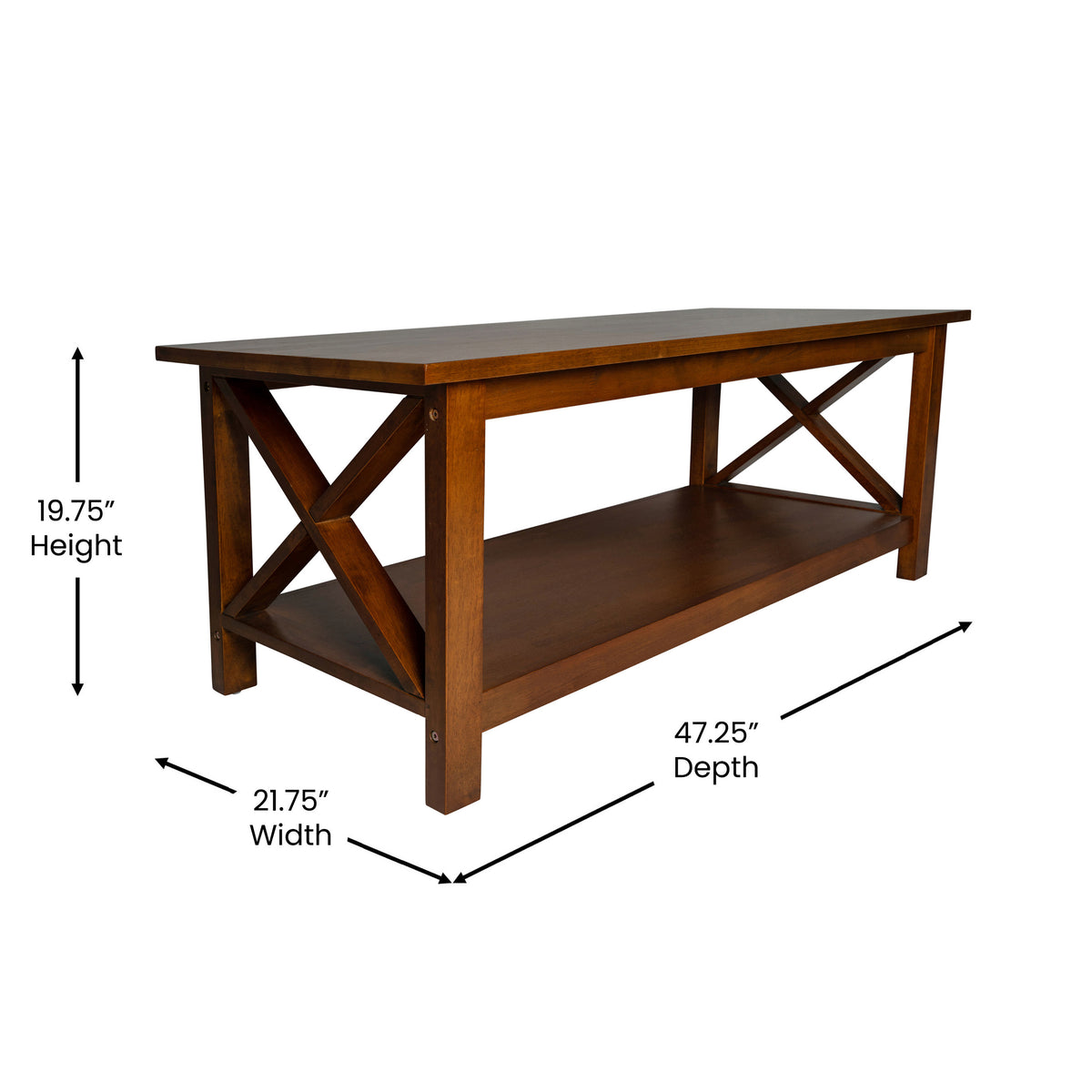 Jasper Farmhouse Style Solid Wood Coffee Table with Traditional X-Frame Design and Lower Shelf in Walnut