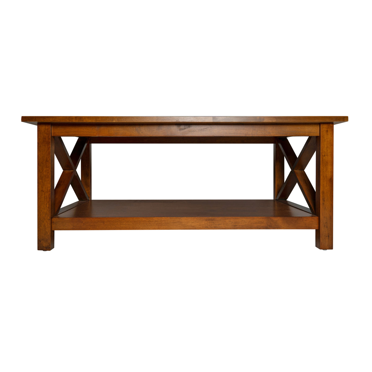Jasper Farmhouse Style Solid Wood Coffee Table with Traditional X-Frame Design and Lower Shelf in Walnut