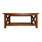 Jasper Farmhouse Style Solid Wood Coffee Table with Traditional X-Frame Design and Lower Shelf in Walnut