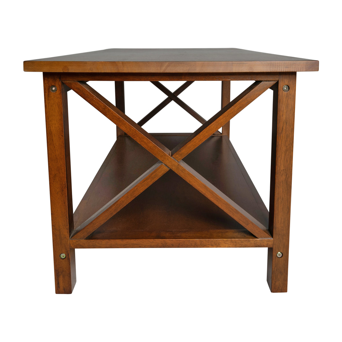 Jasper Farmhouse Style Solid Wood Coffee Table with Traditional X-Frame Design and Lower Shelf in Walnut
