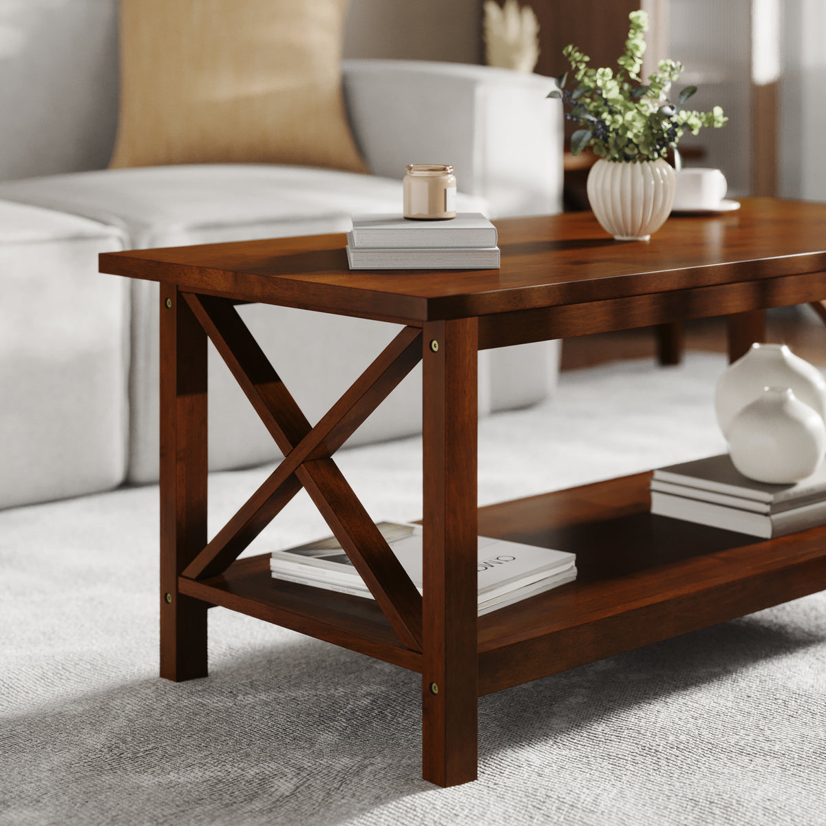 Jasper Farmhouse Style Solid Wood Coffee Table with Traditional X-Frame Design and Lower Shelf in Walnut