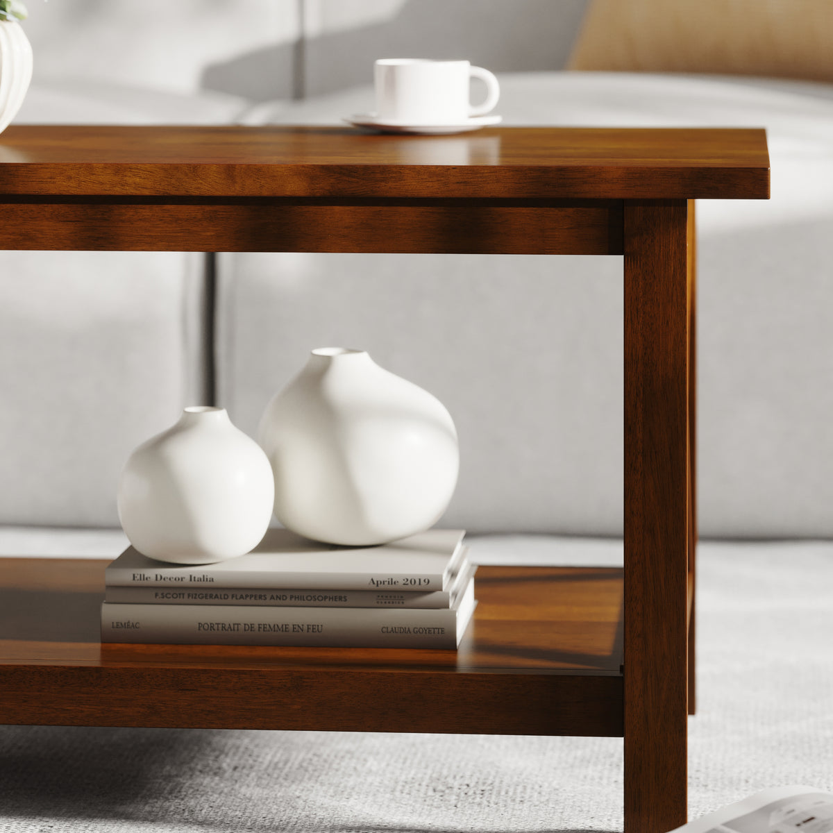 Jasper Farmhouse Style Solid Wood Coffee Table with Traditional X-Frame Design and Lower Shelf in Walnut