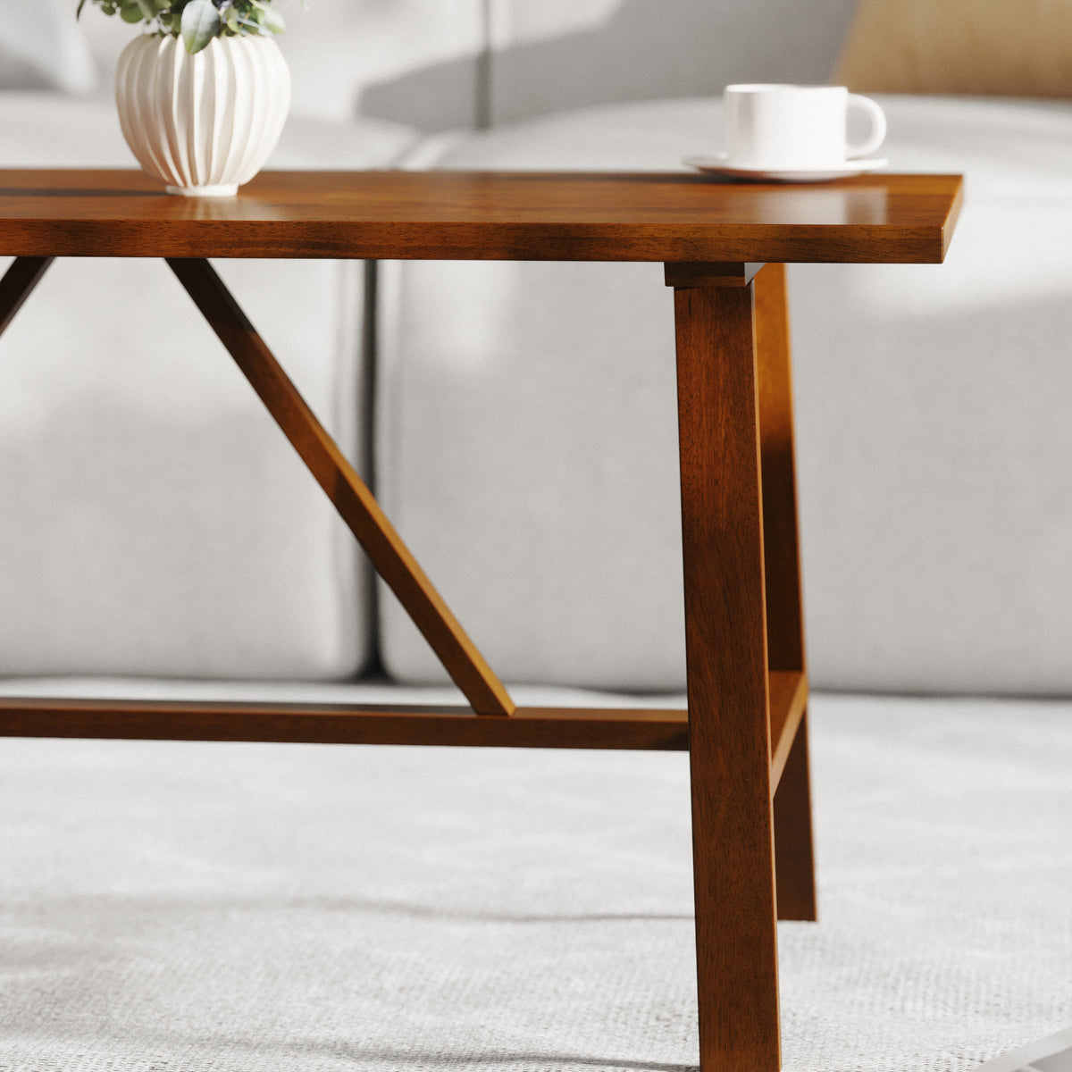 Eli Solid Wood Farmhouse Coffee Table, Trestle Style Accent Table in Walnut