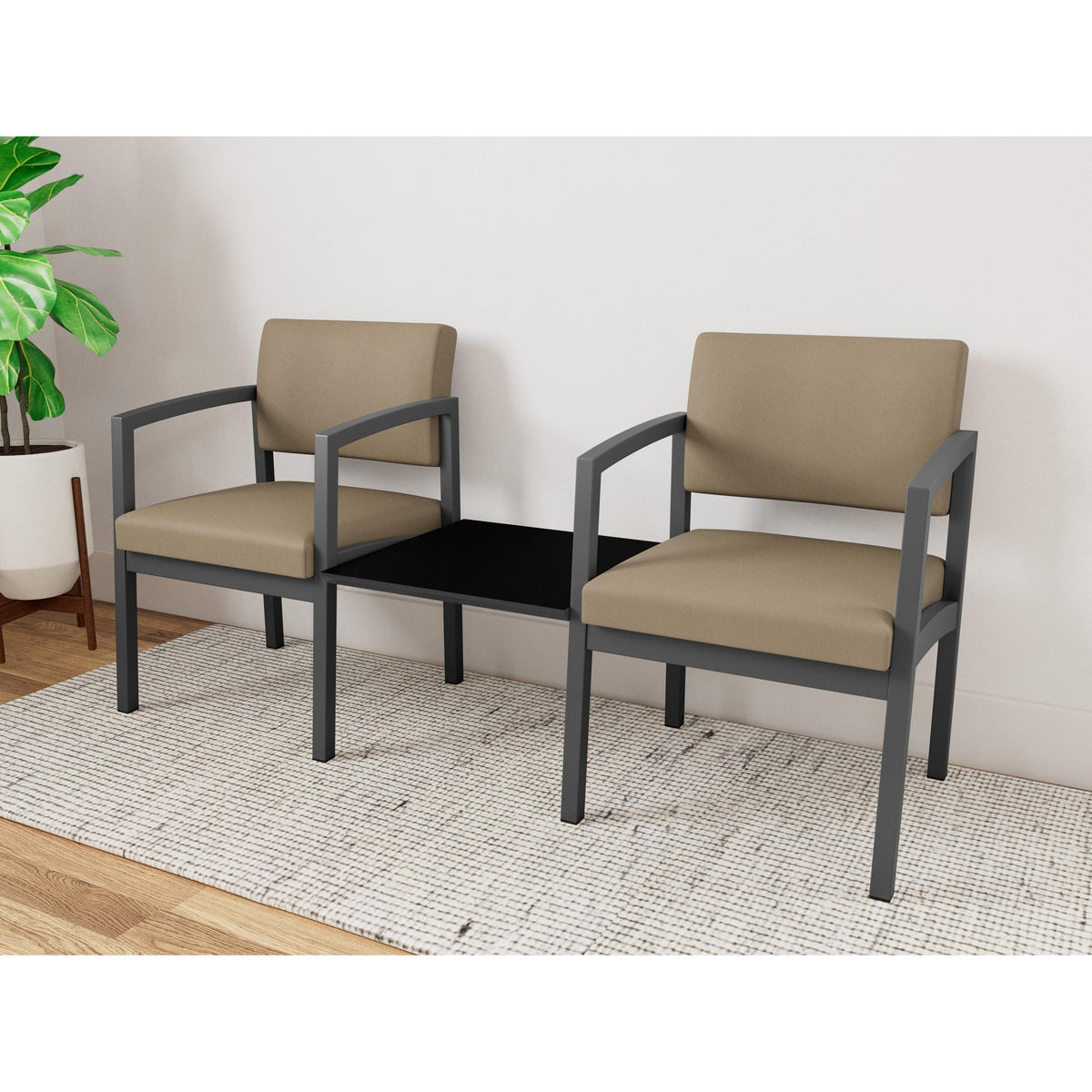 Lenox Steel Waiting Reception 2 Chairs Metal Frame with Connecting Center Table