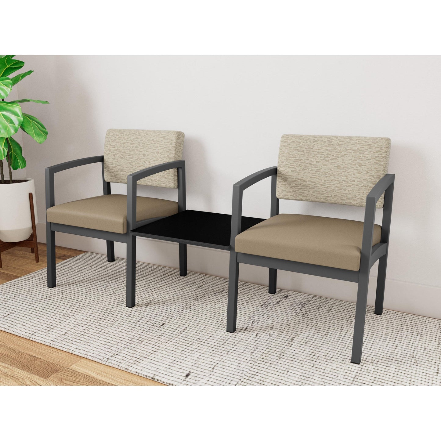 Lenox Steel Waiting Reception 2 Chairs Metal Frame with Connecting Center Table