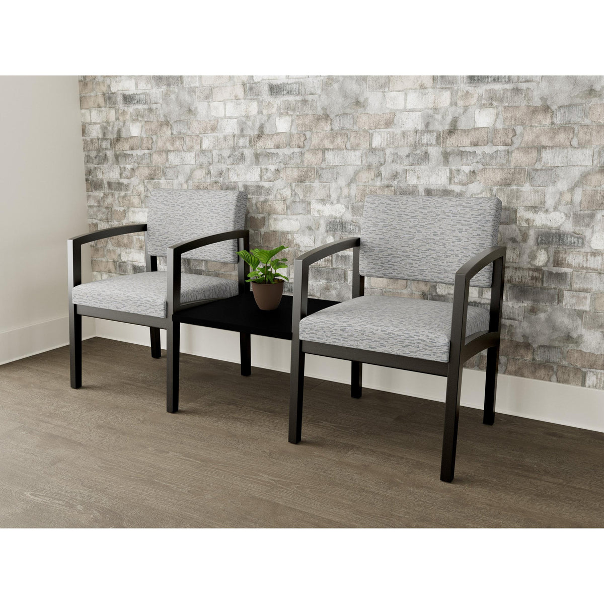 Lenox Wood Waiting Reception 2 Chairs Wood Frame with Black Laminate Connecting Center Table