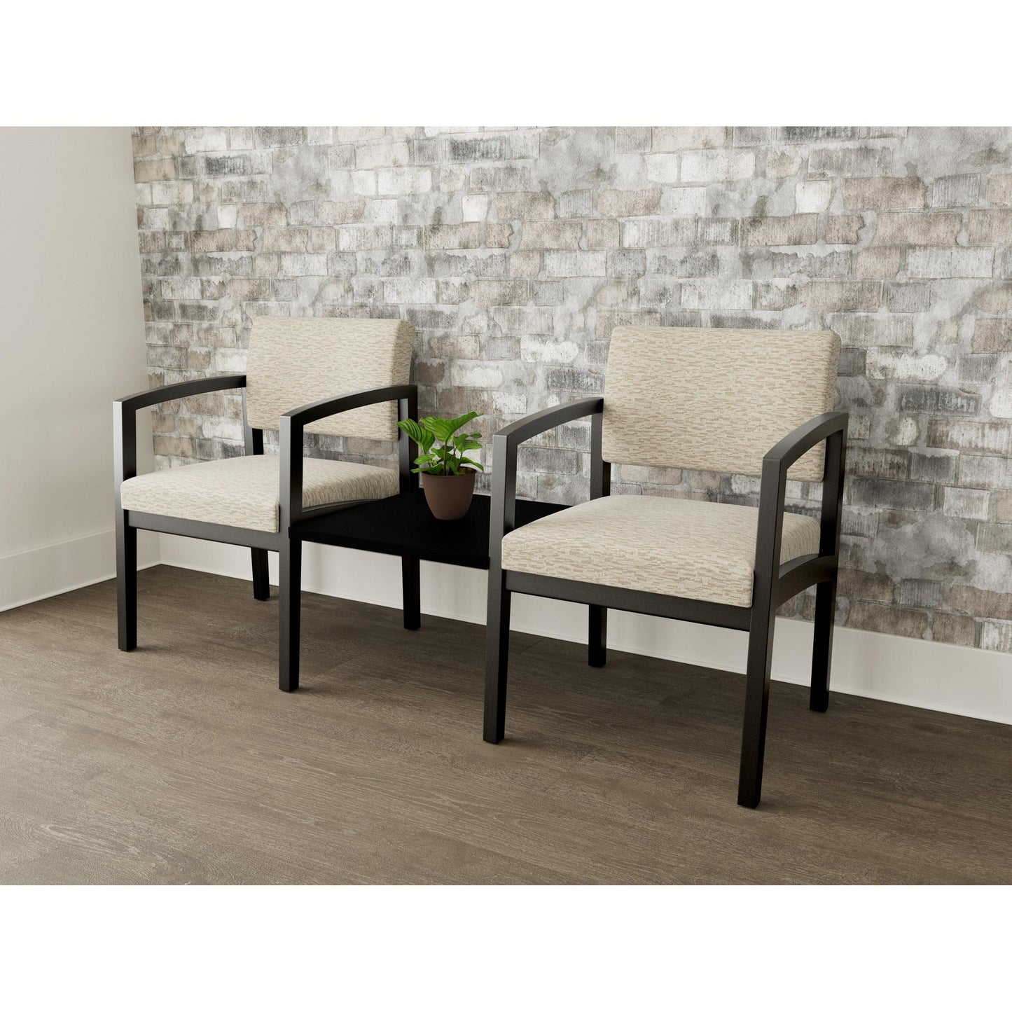 Lenox Wood Waiting Reception 2 Chairs Wood Frame with Black Laminate Connecting Center Table