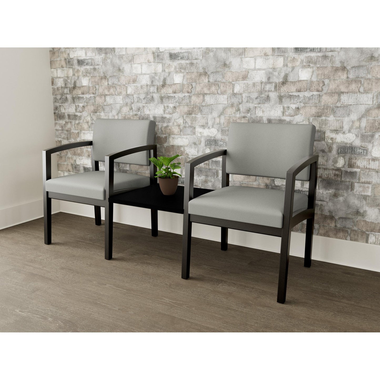 Lenox Wood Waiting Reception 2 Chairs Wood Frame with Black Laminate Connecting Center Table