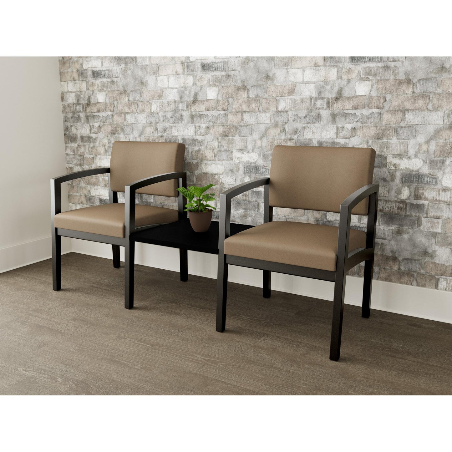 Lenox Wood Waiting Reception 2 Chairs Wood Frame with Black Laminate Connecting Center Table