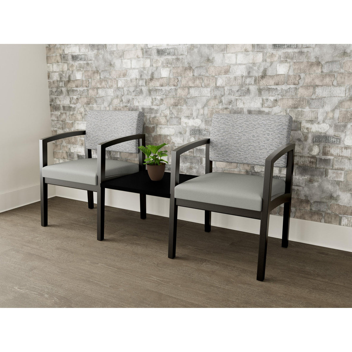 Lenox Wood Waiting Reception 2 Chairs Wood Frame with Black Laminate Connecting Center Table