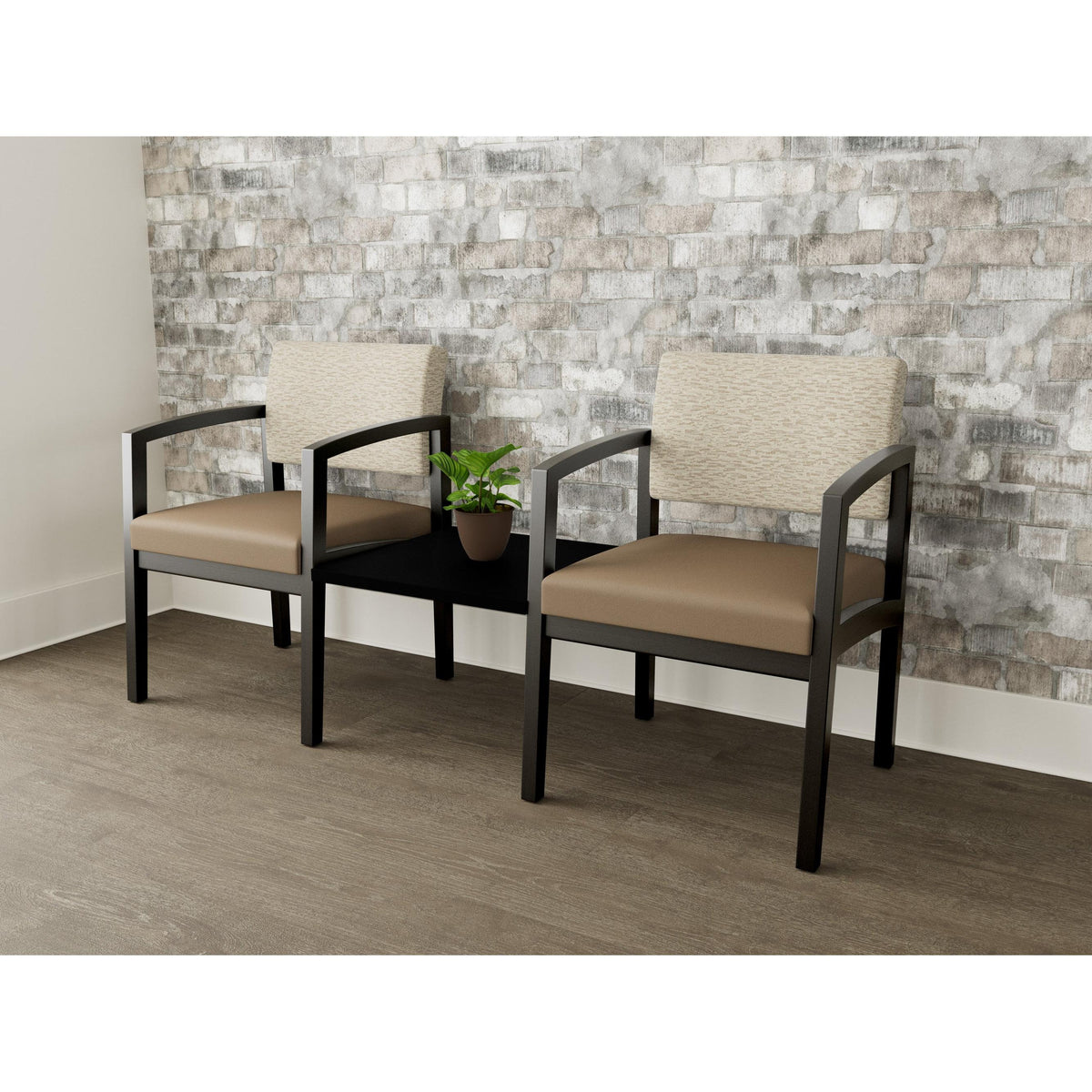 Lenox Wood Waiting Reception 2 Chairs Wood Frame with Black Laminate Connecting Center Table