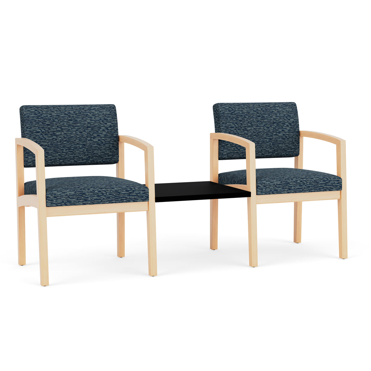 Lenox Wood Waiting Reception 2 Chairs Wood Frame with Black Laminate Connecting Center Table