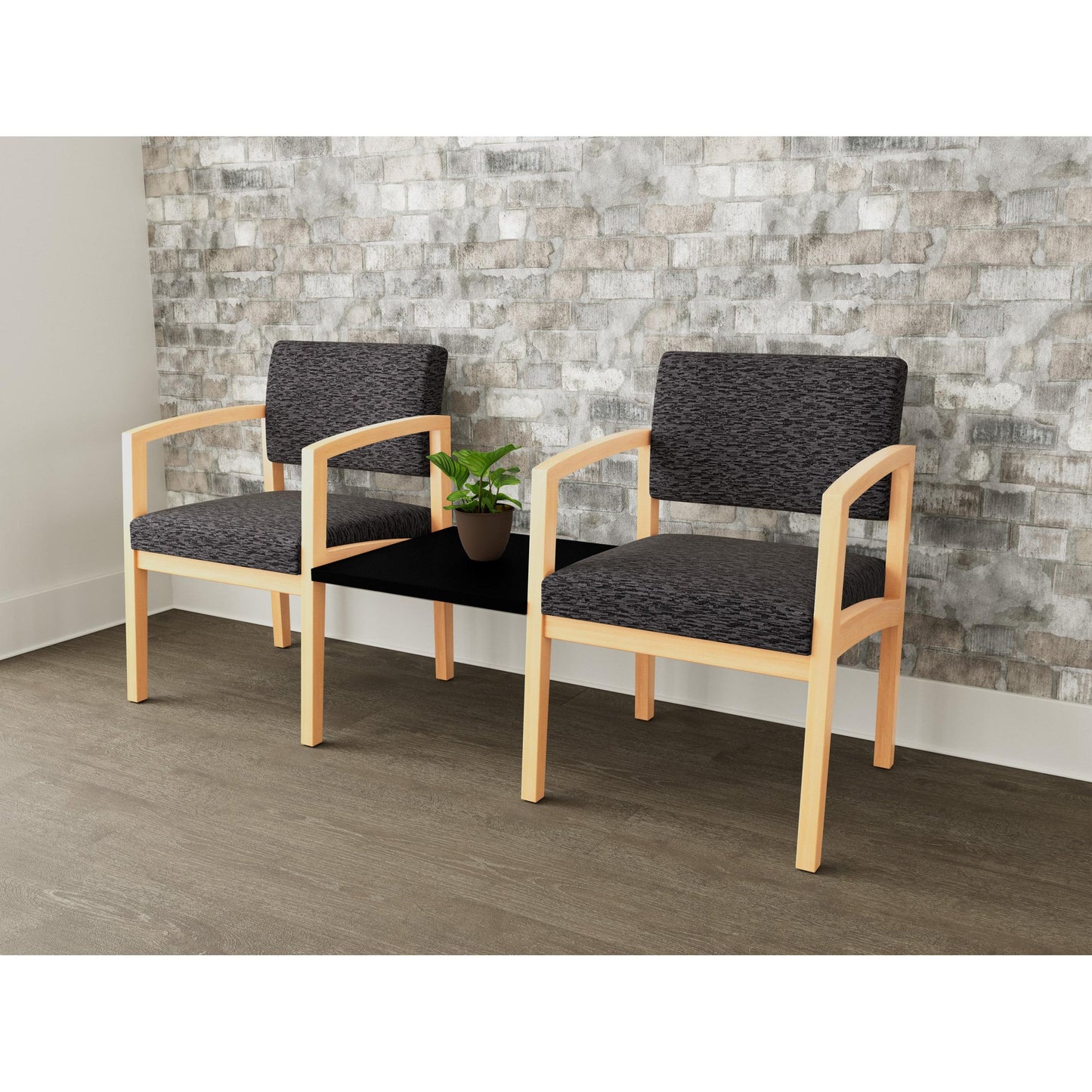 Lenox Wood Waiting Reception 2 Chairs Wood Frame with Black Laminate Connecting Center Table