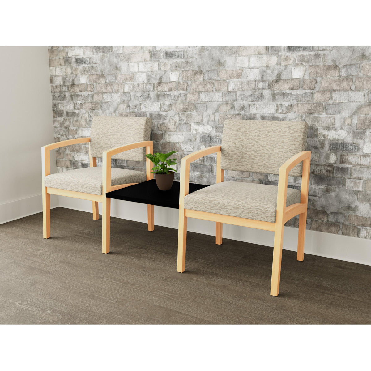 Lenox Wood Waiting Reception 2 Chairs Wood Frame with Black Laminate Connecting Center Table