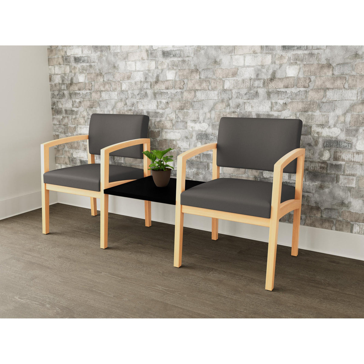 Lenox Wood Waiting Reception 2 Chairs Wood Frame with Black Laminate Connecting Center Table