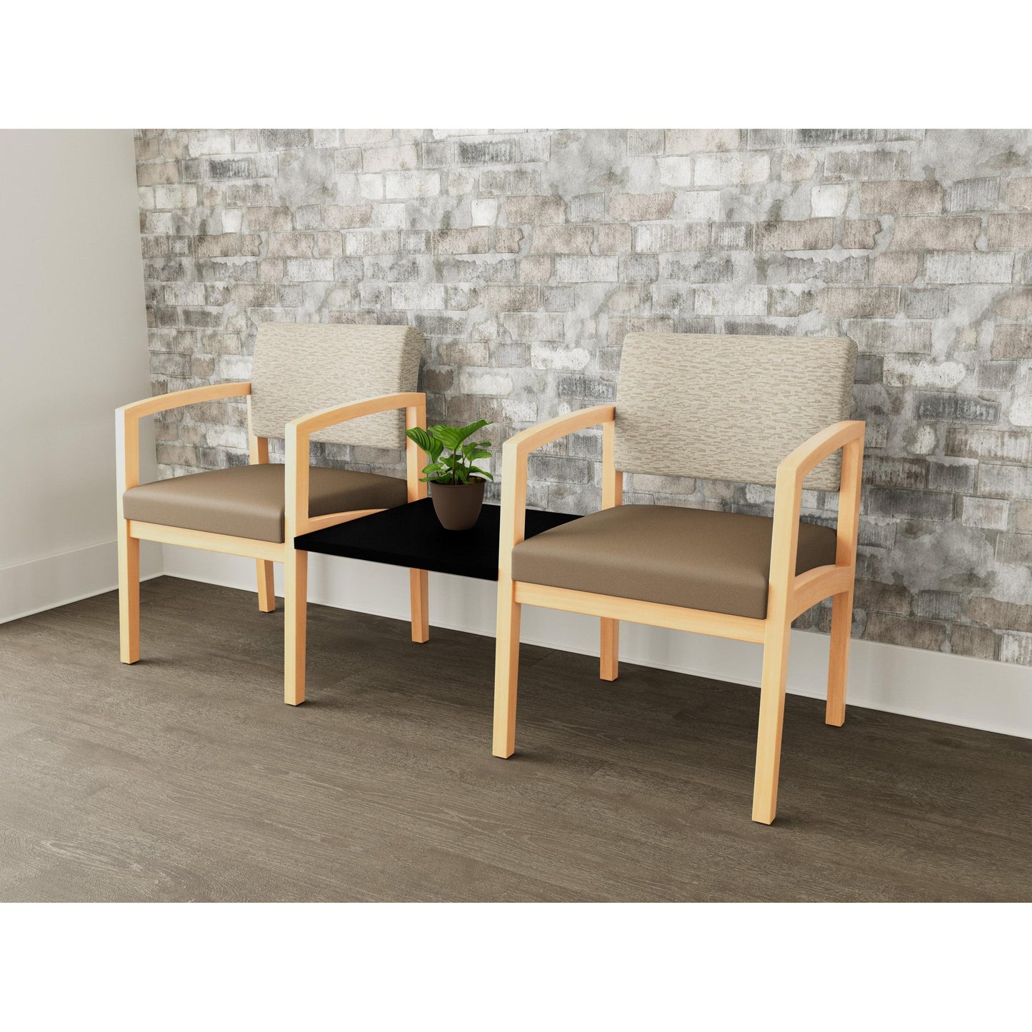 Lenox Wood Waiting Reception 2 Chairs Wood Frame with Black Laminate Connecting Center Table