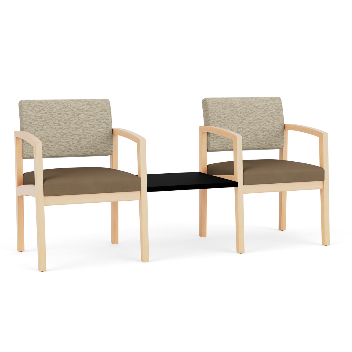 Lenox Wood Waiting Reception 2 Chairs Wood Frame with Black Laminate Connecting Center Table