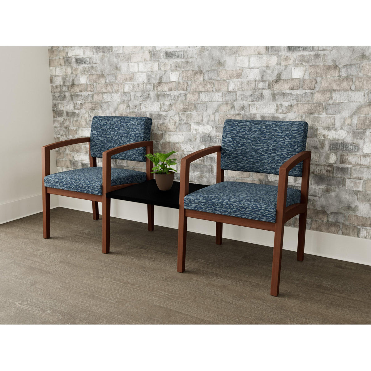 Lenox Wood Waiting Reception 2 Chairs Wood Frame with Black Laminate Connecting Center Table