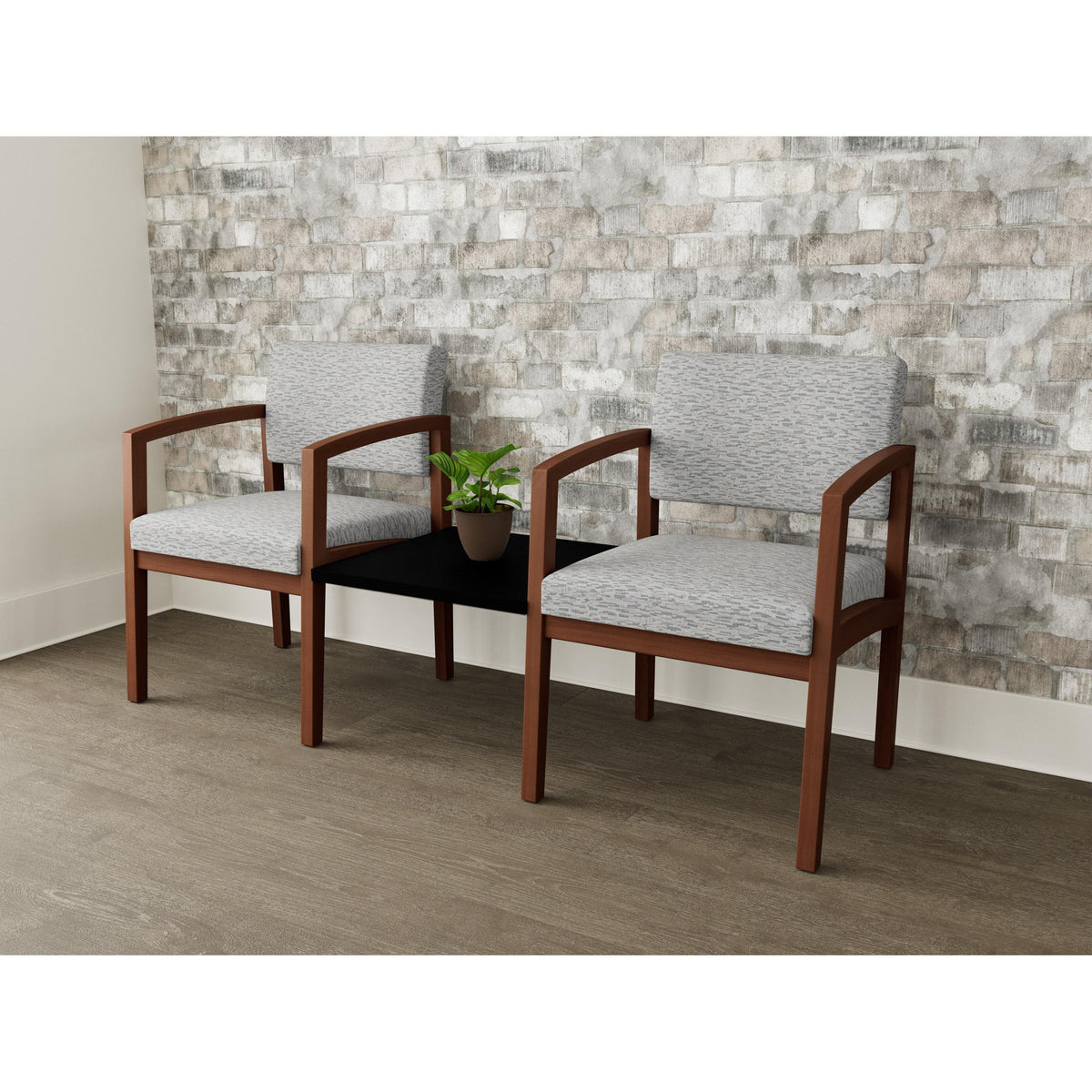 Lenox Wood Waiting Reception 2 Chairs Wood Frame with Black Laminate Connecting Center Table