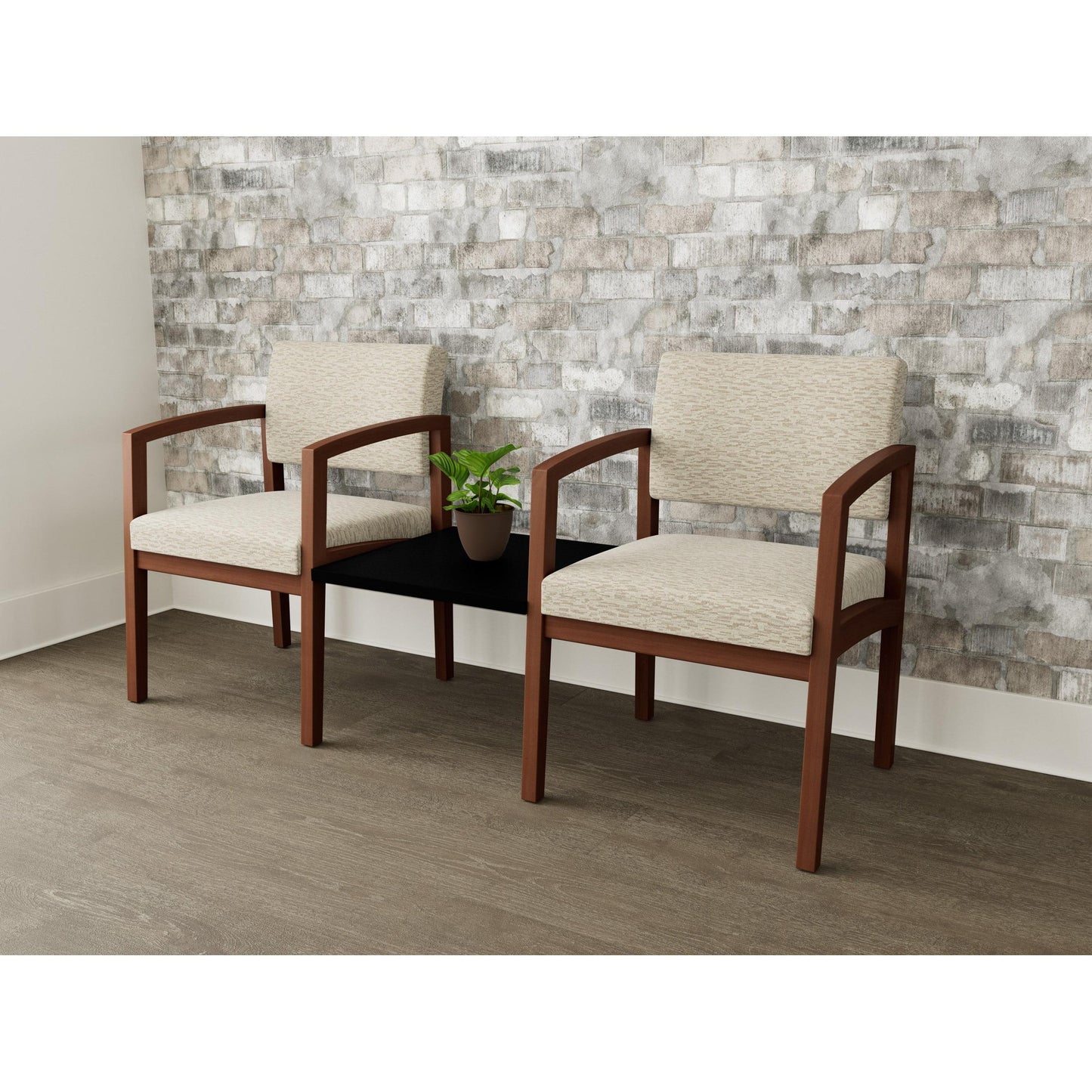 Lenox Wood Waiting Reception 2 Chairs Wood Frame with Black Laminate Connecting Center Table