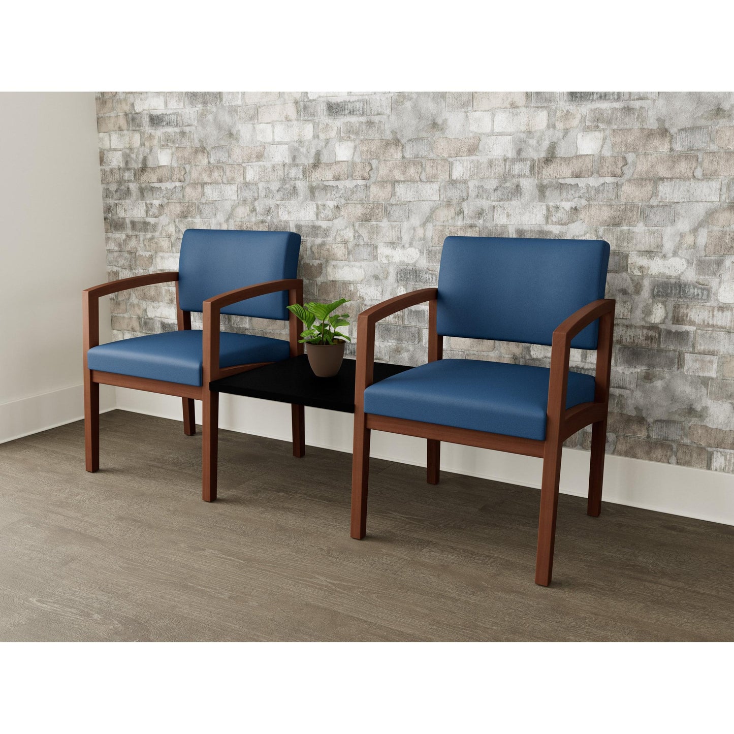 Lenox Wood Waiting Reception 2 Chairs Wood Frame with Black Laminate Connecting Center Table