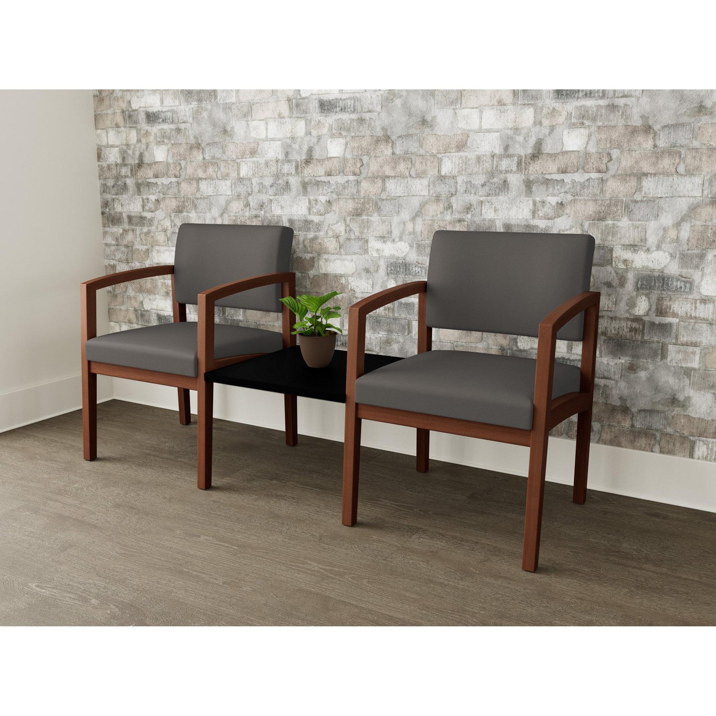 Lenox Wood Waiting Reception 2 Chairs Wood Frame with Black Laminate Connecting Center Table