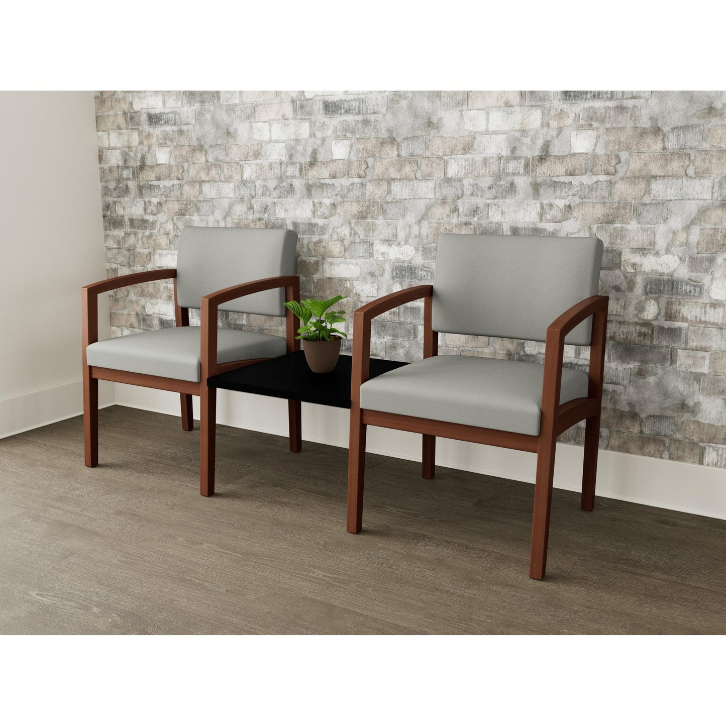 Lenox Wood Waiting Reception 2 Chairs Wood Frame with Black Laminate Connecting Center Table