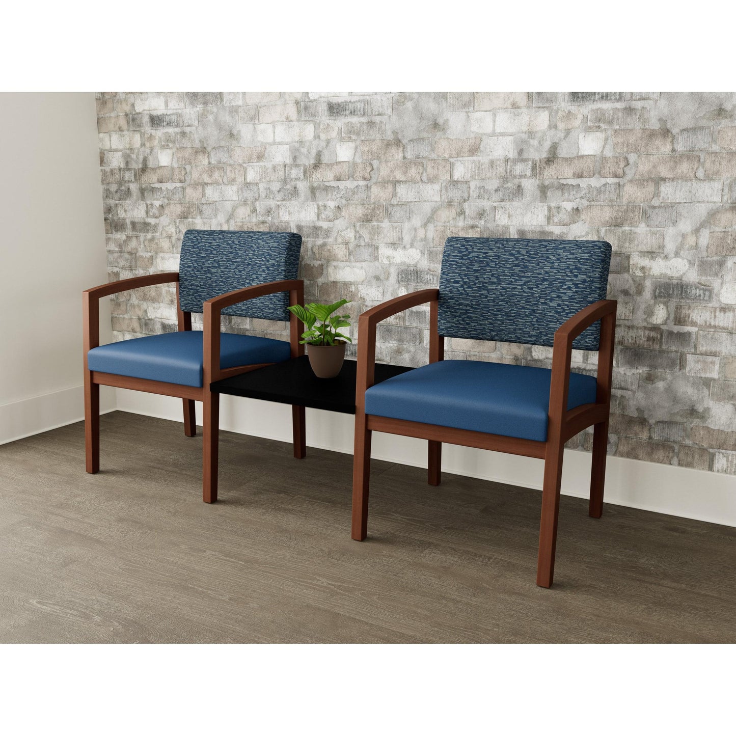 Lenox Wood Waiting Reception 2 Chairs Wood Frame with Black Laminate Connecting Center Table