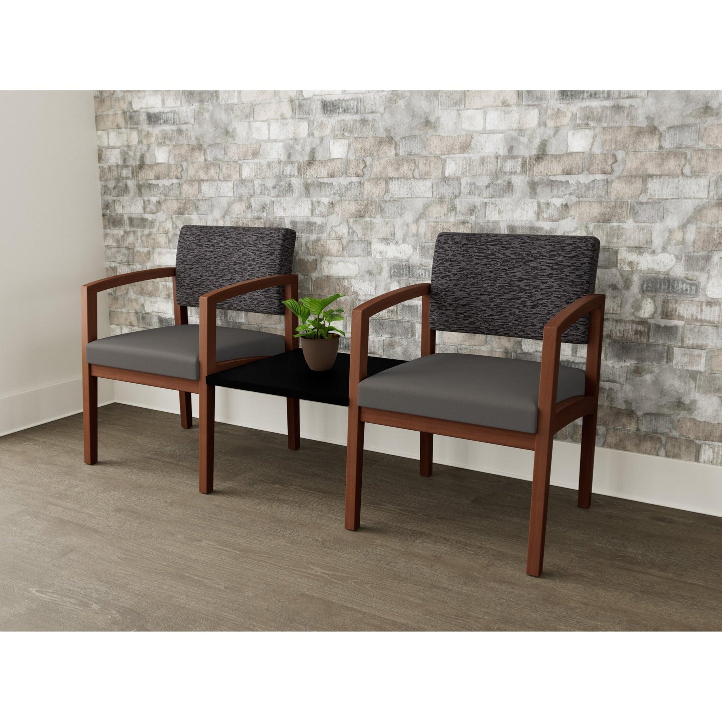 Lenox Wood Waiting Reception 2 Chairs Wood Frame with Black Laminate Connecting Center Table