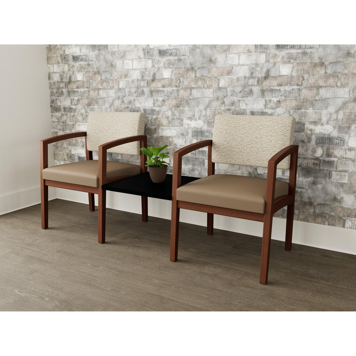 Lenox Wood Waiting Reception 2 Chairs Wood Frame with Black Laminate Connecting Center Table