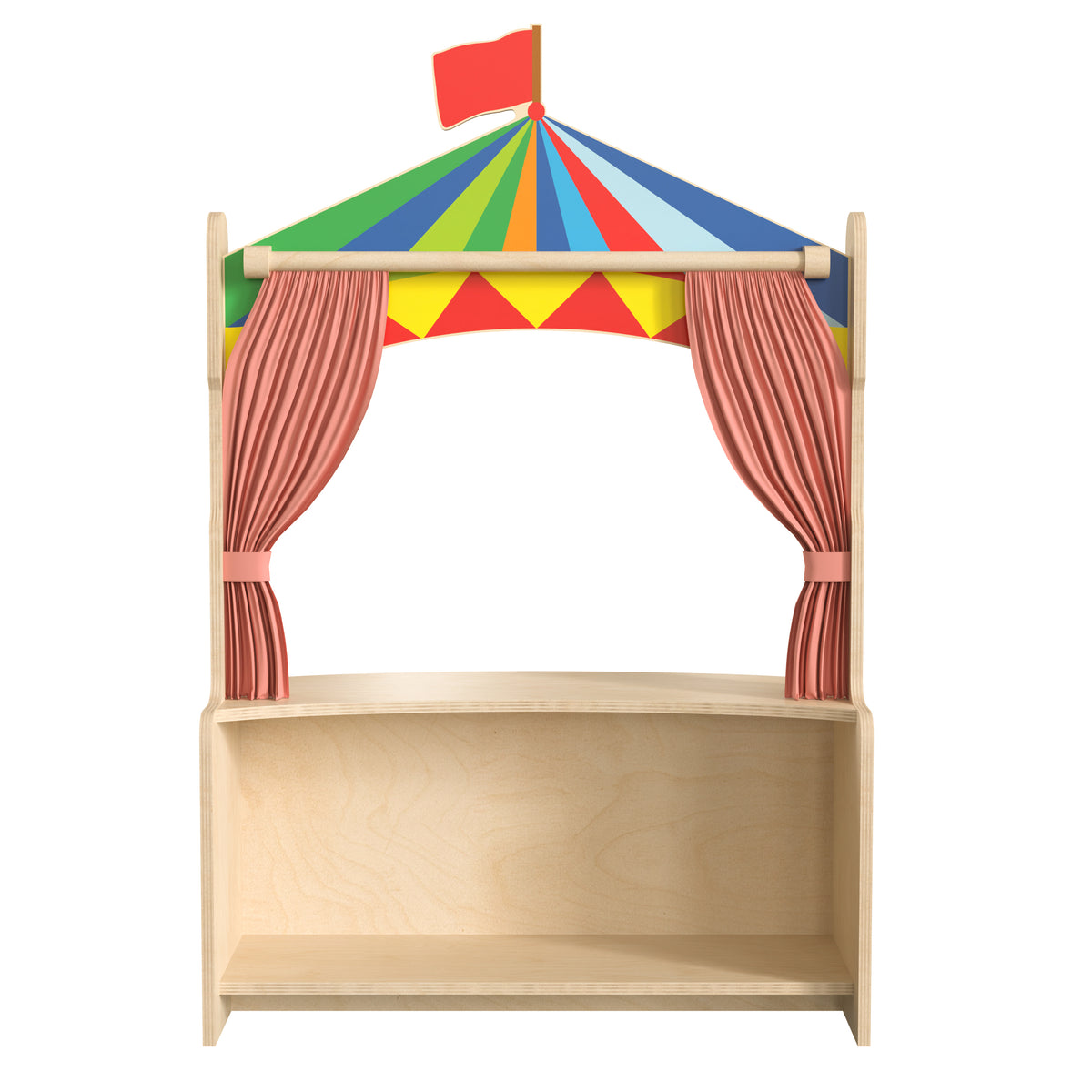 Bright Beginnings Wooden Puppet Theater with Removable Curtains and Bottom Magnetic Chalkboard, Natural