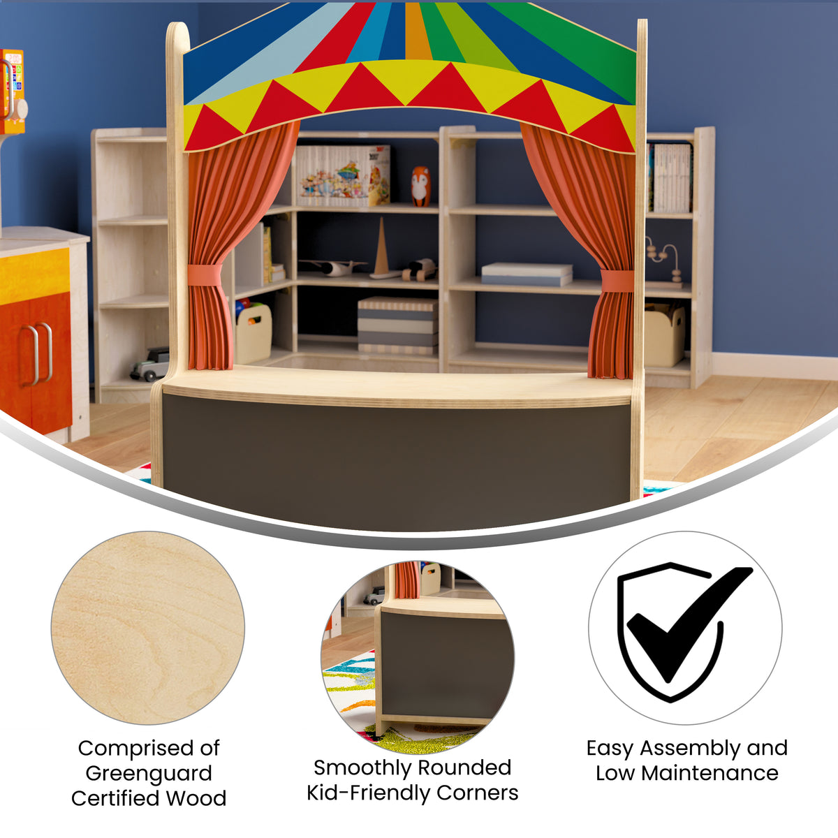 Bright Beginnings Wooden Puppet Theater with Removable Curtains and Bottom Magnetic Chalkboard, Natural