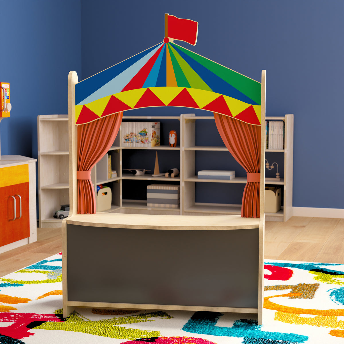 Bright Beginnings Wooden Puppet Theater with Removable Curtains and Bottom Magnetic Chalkboard, Natural
