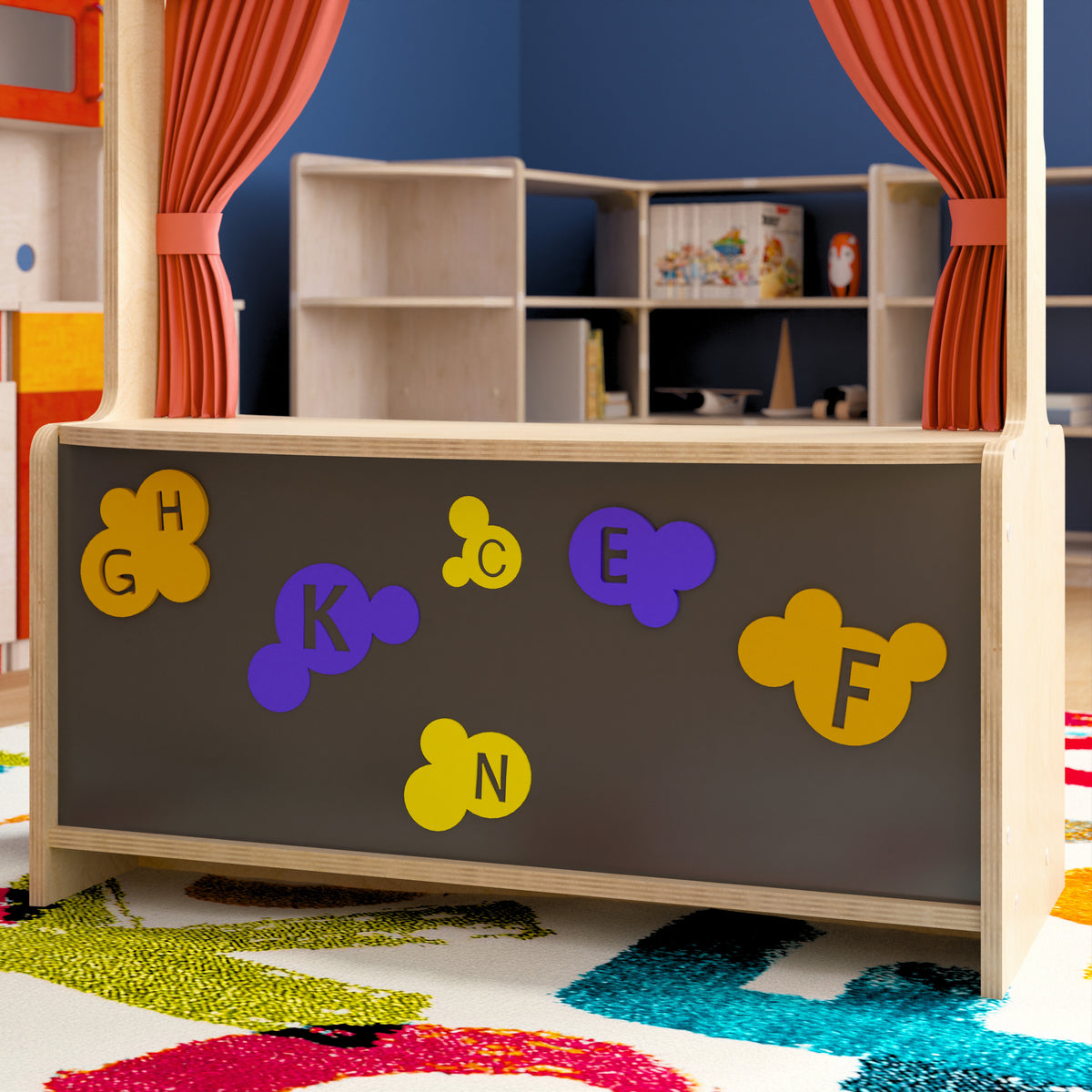 Bright Beginnings Wooden Puppet Theater with Removable Curtains and Bottom Magnetic Chalkboard, Natural