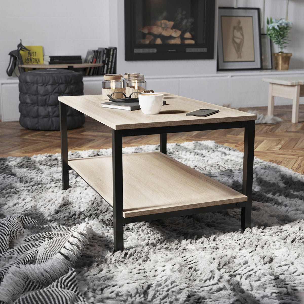 Finley Modern Industrial 2 Tier Rectangular Metal and Driftwood Coffee Table
