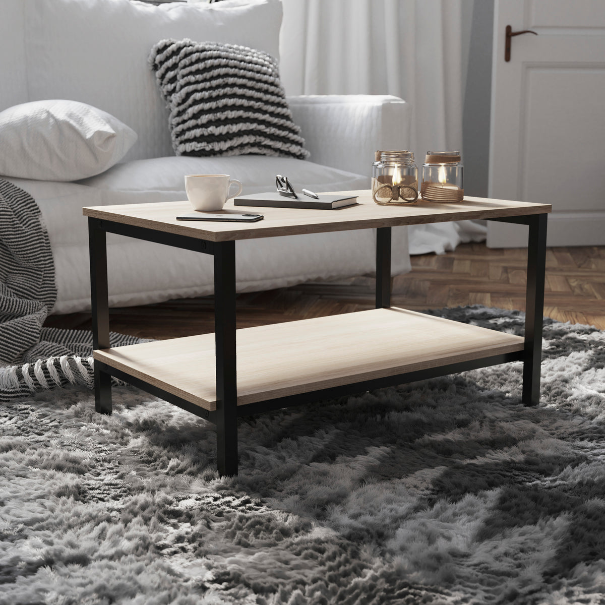 Finley Modern Industrial 2 Tier Rectangular Metal and Driftwood Coffee Table