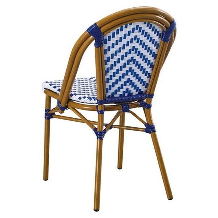 Outdoor Faux Bamboo Metal Chair with Blue and White Chevron Seat and Back