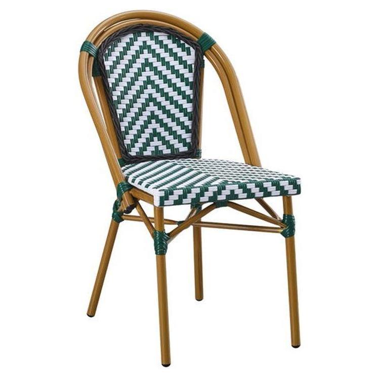 Outdoor Faux Bamboo Metal Chair with Green and White Chevron Seat and Back