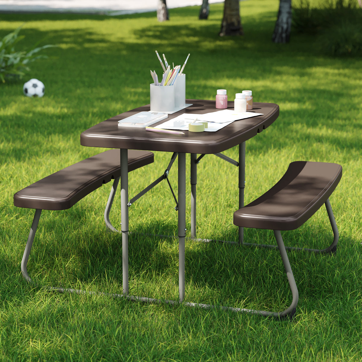 Paige Easy-Fold Brown Folding Plastic Kids Outdoor Picnic Table and Benches - Commercial Grade - Seating for 4 Kids