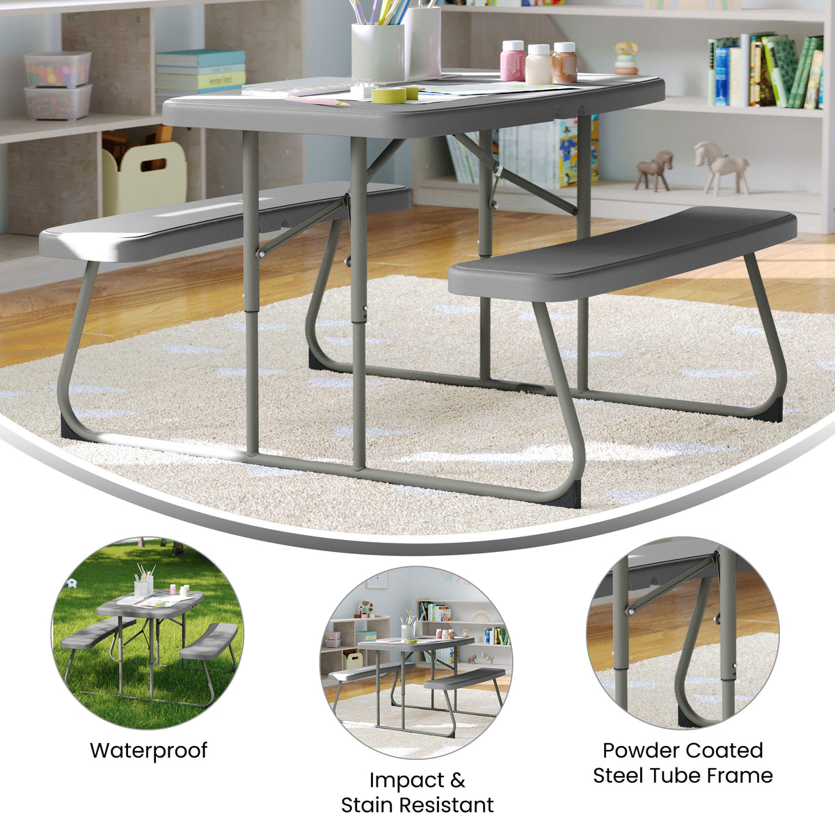 Paige Easy-Fold Gray Folding Plastic Kids Outdoor Picnic Table and Benches - Commercial Grade - Seating for 4 Kids