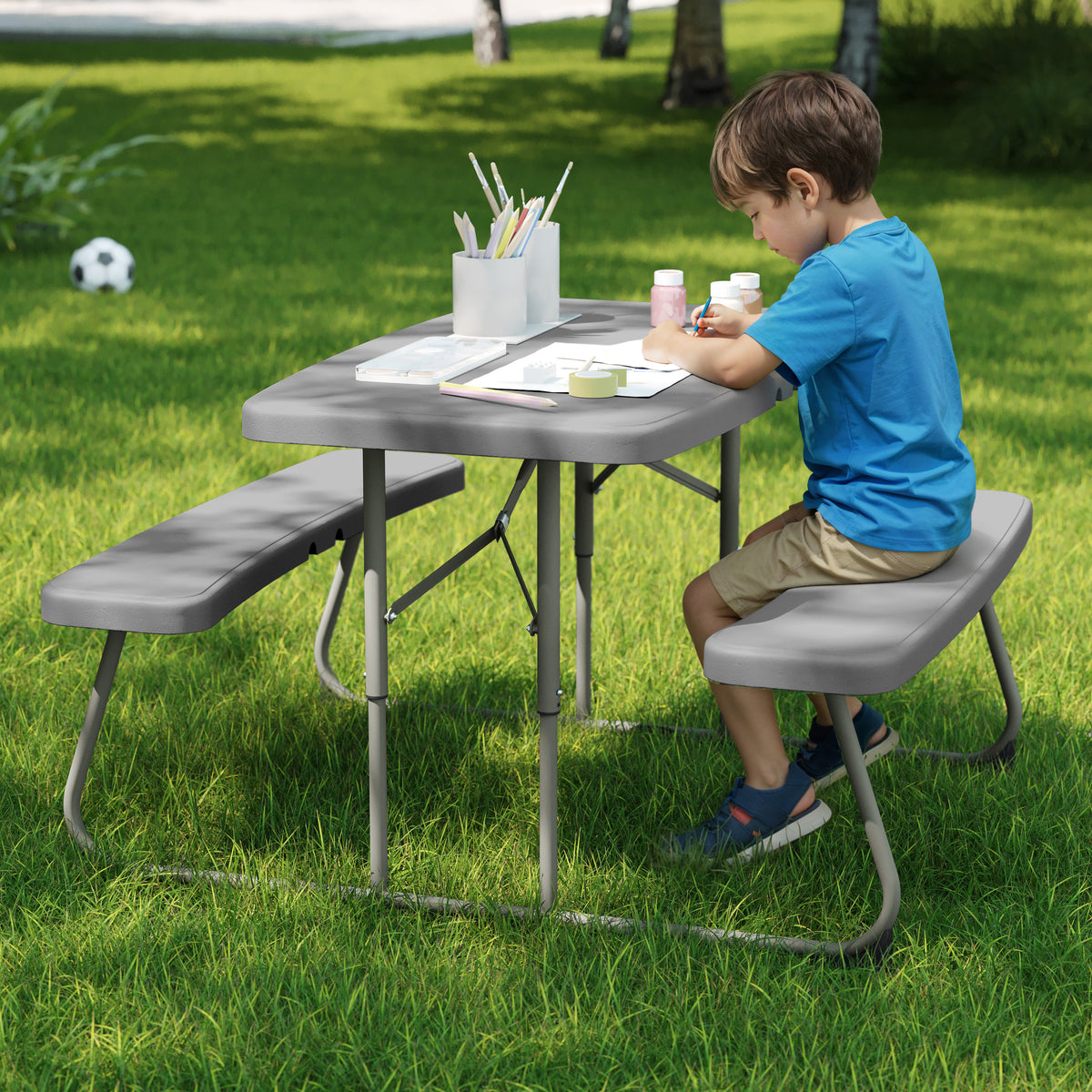 Paige Easy-Fold Gray Folding Plastic Kids Outdoor Picnic Table and Benches - Commercial Grade - Seating for 4 Kids