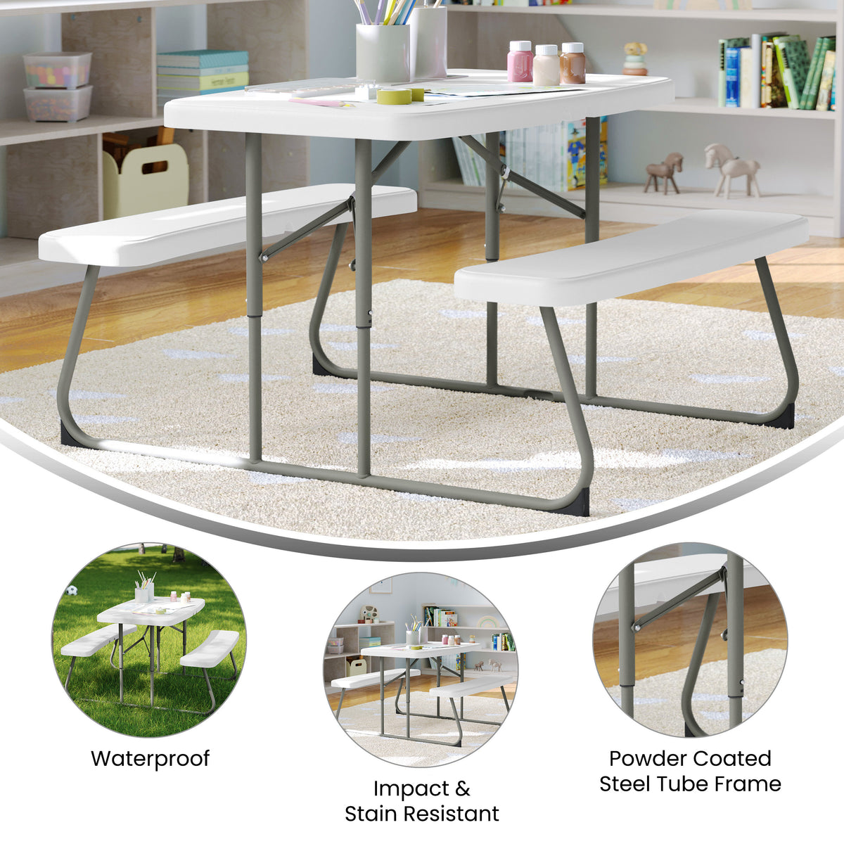 Paige Easy-Fold White Folding Plastic Kids Outdoor Picnic Table and Benches - Commercial Grade - Seating for 4 Kids