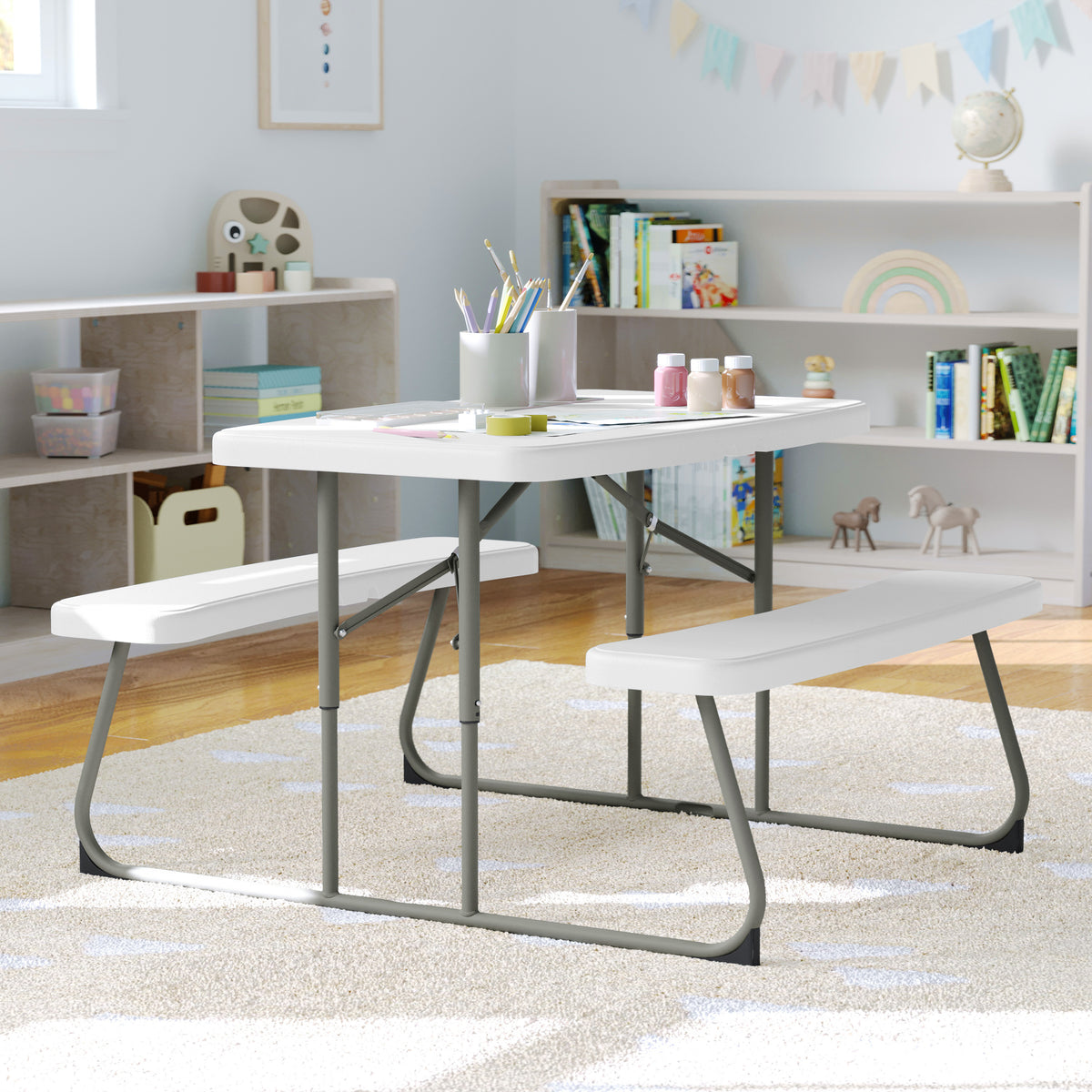 Paige Easy-Fold White Folding Plastic Kids Outdoor Picnic Table and Benches - Commercial Grade - Seating for 4 Kids