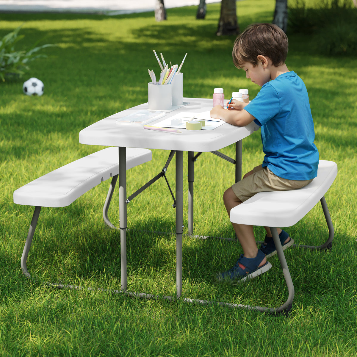 Paige Easy-Fold White Folding Plastic Kids Outdoor Picnic Table and Benches - Commercial Grade - Seating for 4 Kids