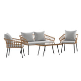 Evin Boho 4 Piece Indoor/Outdoor Rope Rattan Patio Conversation Set with Tempered Glass Top Coffee Table and Gray Cushions, Natural