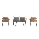 Evin Boho 4 Piece Indoor/Outdoor Rope Rattan Patio Conversation Set with Tempered Glass Top Coffee Table and Gray Cushions, Natural