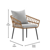 Evin Boho 4 Piece Indoor/Outdoor Rope Rattan Patio Conversation Set with Tempered Glass Top Coffee Table and Gray Cushions, Natural