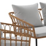 Evin Boho 4 Piece Indoor/Outdoor Rope Rattan Patio Conversation Set with Tempered Glass Top Coffee Table and Gray Cushions, Natural