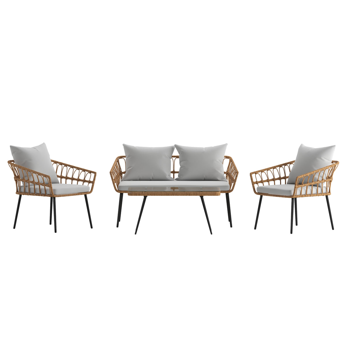 Evin Boho 4 Piece Indoor/Outdoor Rope Rattan Patio Conversation Set with Tempered Glass Top Coffee Table and Gray Cushions, Natural